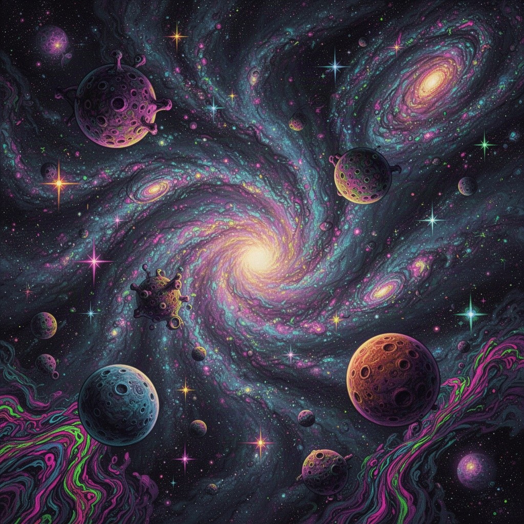 A stunning psychedelic space scene filled with vibrant colors and intricate patterns that evoke a sense of trippy immersion