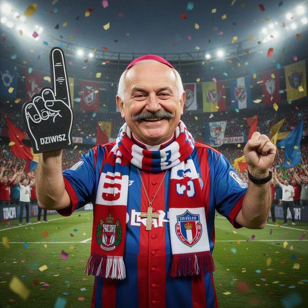 A humorous and satirical depiction of Cardinal Stanisław Dziwisz as a football hooligan, dressed in a vibrant team jersey, with a scarf wrapped around his neck, and holding a foam finger
