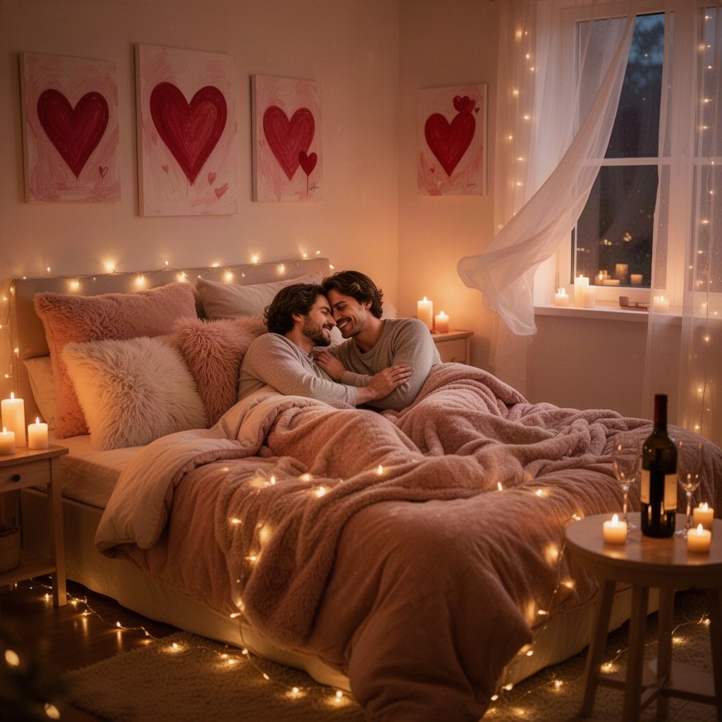 A cozy and romantic bedroom scene, featuring a beautifully made bed with soft, fluffy pillows and a warm, inviting comforter
