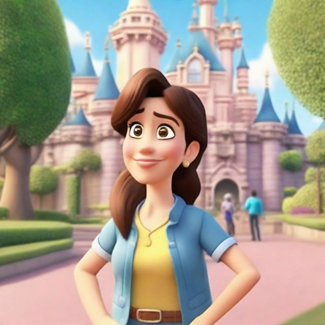 A heartwarming animated scene showing a woman anxiously checking her watch, waiting for her daughter in front of the enchanting Disneyland castle.