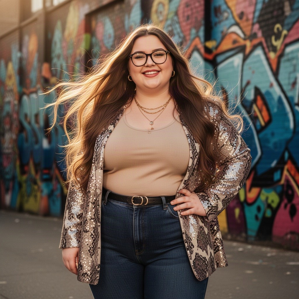 A stylish chubby girl with glasses, wearing a fashionable outfit, posing confidently