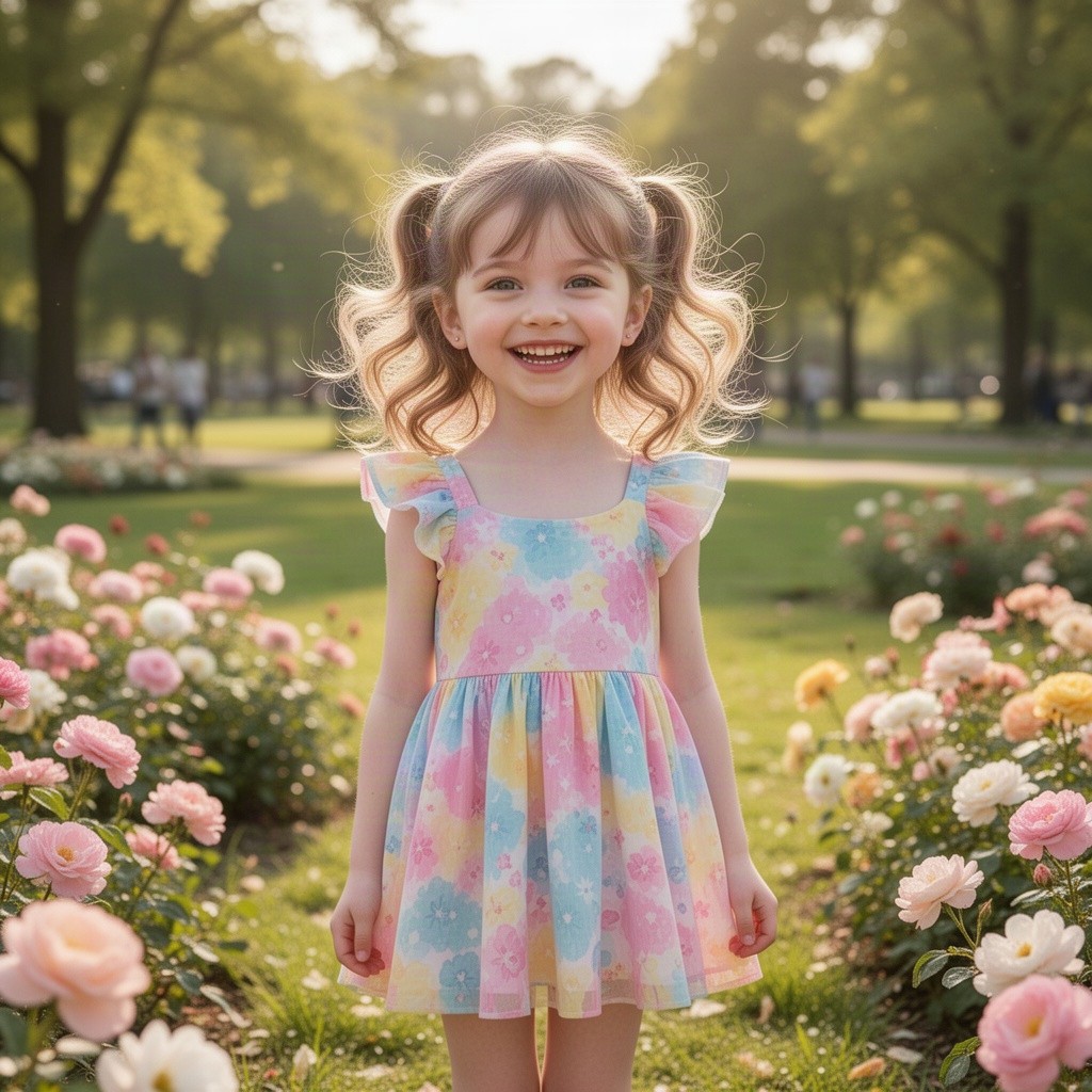 A little slim girl with a cheerful expression, wearing a cute and colorful outfit