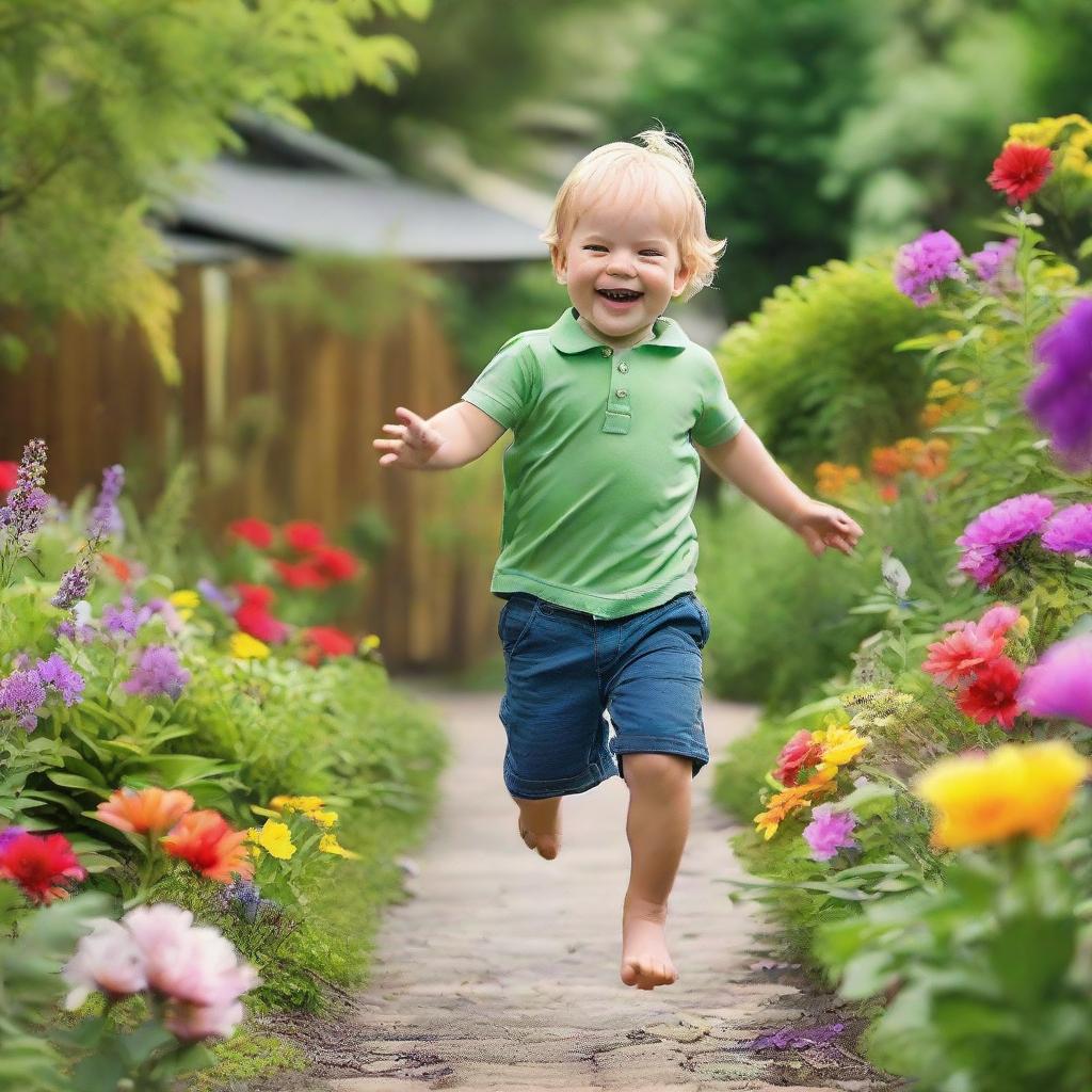 A 3-year-old boy joyfully jumping in the air with a big smile on his face, surrounded by a vibrant, playful garden filled with colorful flowers and lush greenery.