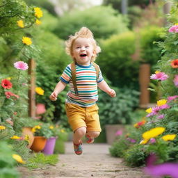 A 3-year-old boy joyfully jumping in the air with a big smile on his face, surrounded by a vibrant, playful garden filled with colorful flowers and lush greenery.