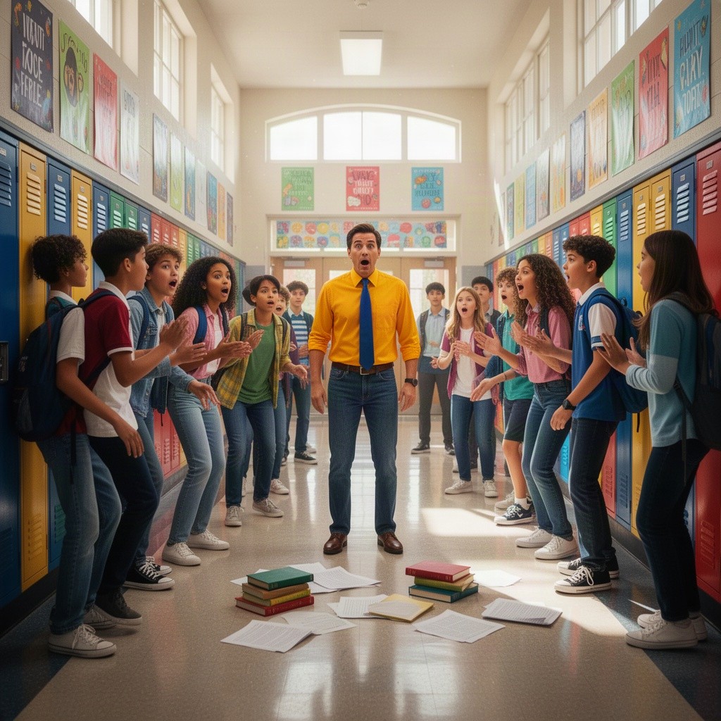An unexpected interruption in a school hallway, featuring a vibrant and dynamic scene filled with students of various ethnicities in casual school attire, some interacting with each other while others look surprised or curious