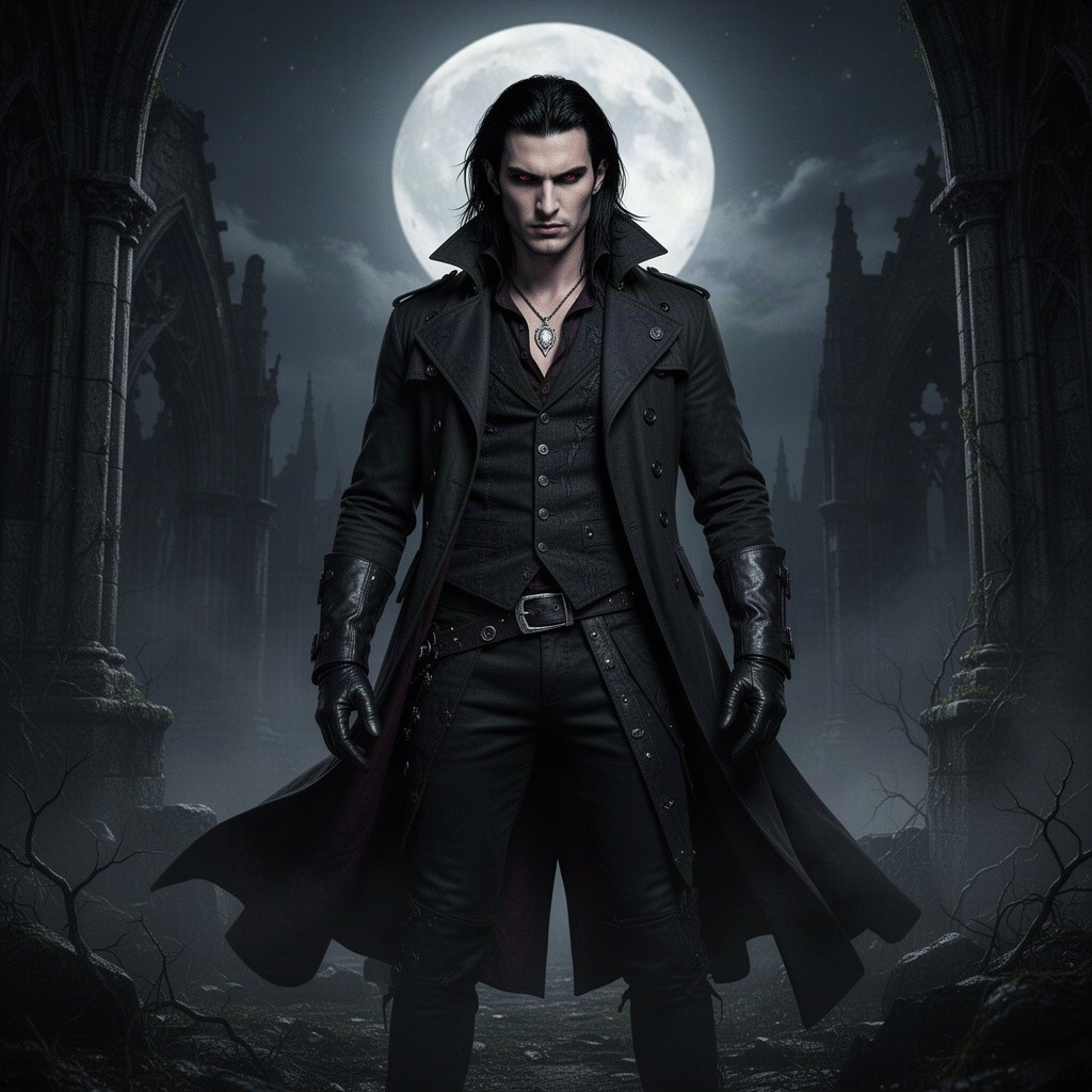 A male vampire with striking black hair, dressed in rogue attire, showcasing a dark and mysterious aura