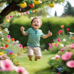 A 3-year-old boy joyfully jumping in the air with a big smile on his face, surrounded by a vibrant, playful garden filled with colorful flowers and lush greenery.