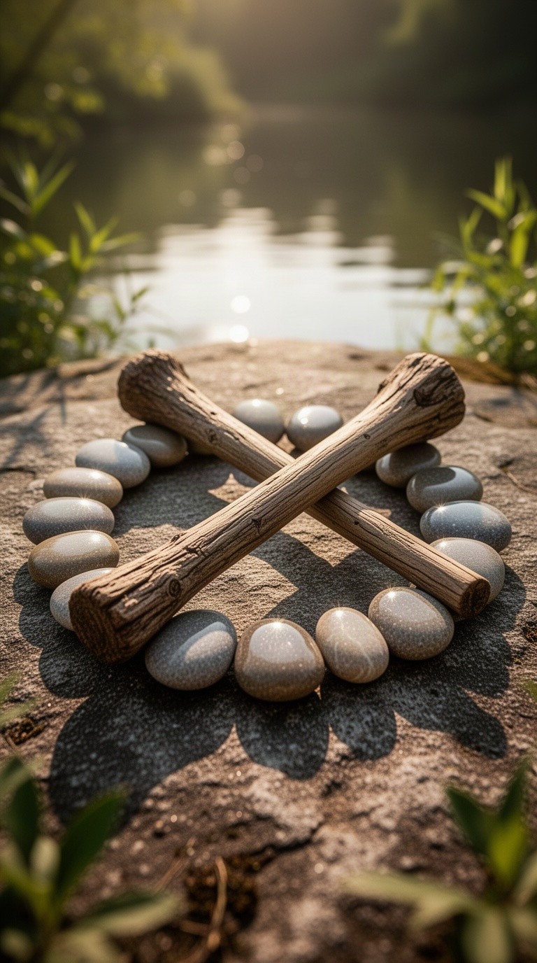 A beautifully arranged circular ring of pebbles, with a rustic wooden club laying across it