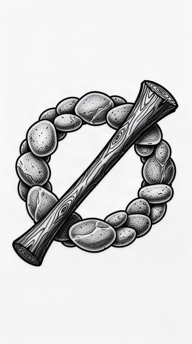 A striking tattoo design featuring a circular ring of intricately detailed pebbles, with a stylized wooden club crossing over it