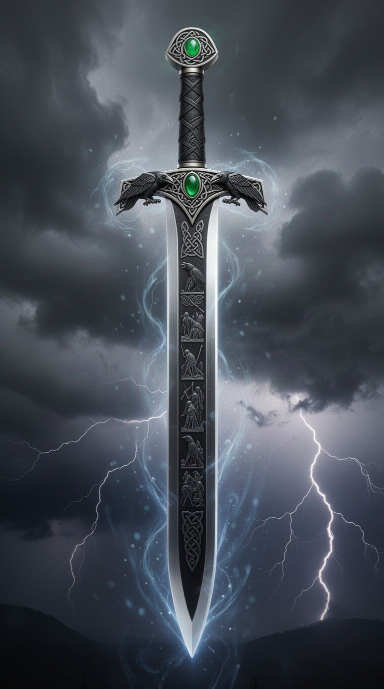 An imposing and ornate sword inspired by the legendary Sword of the Morrigan, featuring a dark, polished blade with intricate Celtic designs that tell a tale of ancient battles