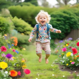 A 3-year-old boy joyfully jumping in the air with a big smile on his face, surrounded by a vibrant, playful garden filled with colorful flowers and lush greenery.