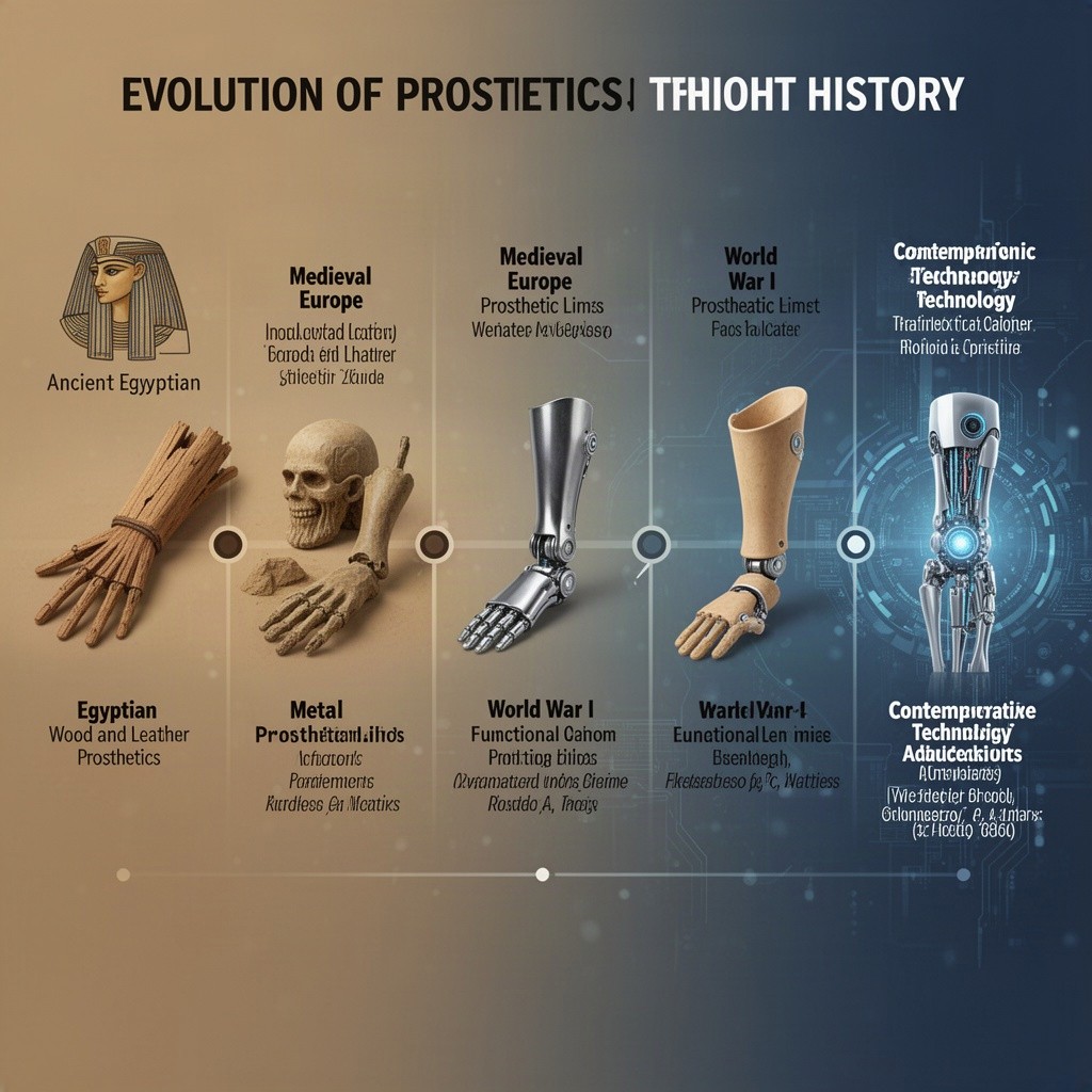 A detailed timeline showcasing the evolution of prosthetics throughout history, illustrating major milestones from ancient times to modern advancements
