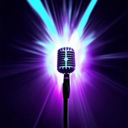 A 2D illustrated microphone, with a stylistic silhouette that's powerfully illuminated by a backdrop of glowing rays breaking through the background.