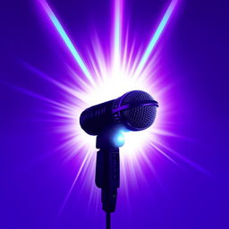 A 2D illustrated microphone, with a stylistic silhouette that's powerfully illuminated by a backdrop of glowing rays breaking through the background.