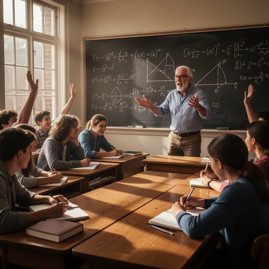 A dramatic, engaging scene depicting a university classroom filled with eager students, diligently taking notes as a dynamic professor animatedly lectures in front of a large chalkboard filled with complex equations and diagrams