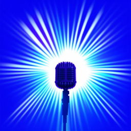 A 2D illustrated microphone, with a stylistic silhouette that's powerfully illuminated by a backdrop of glowing rays breaking through the background.