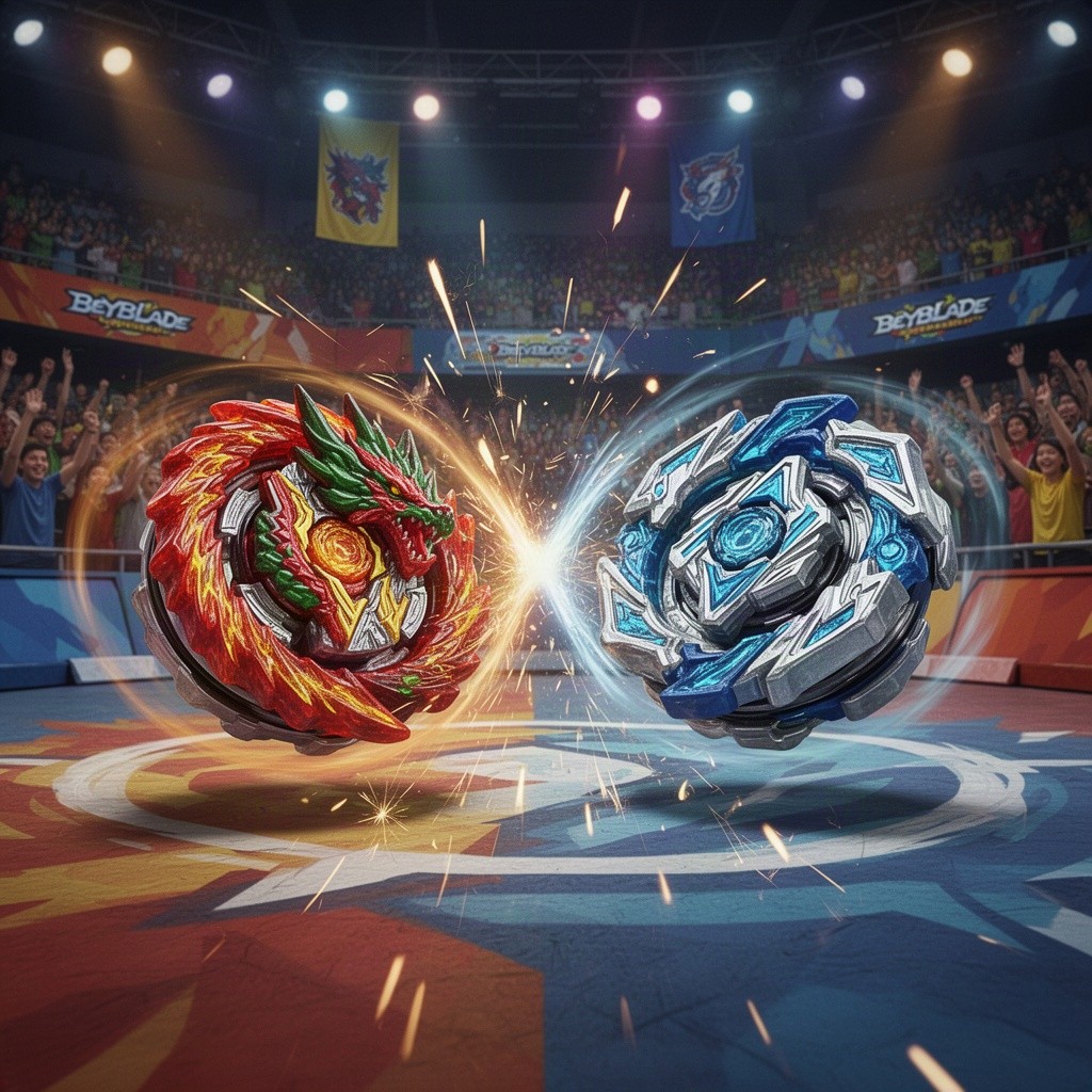A vibrant and dynamic scene showcasing a Beyblade battle in action, featuring two spinning tops colliding with sparks flying, surrounded by a colorful arena filled with cheering fans
