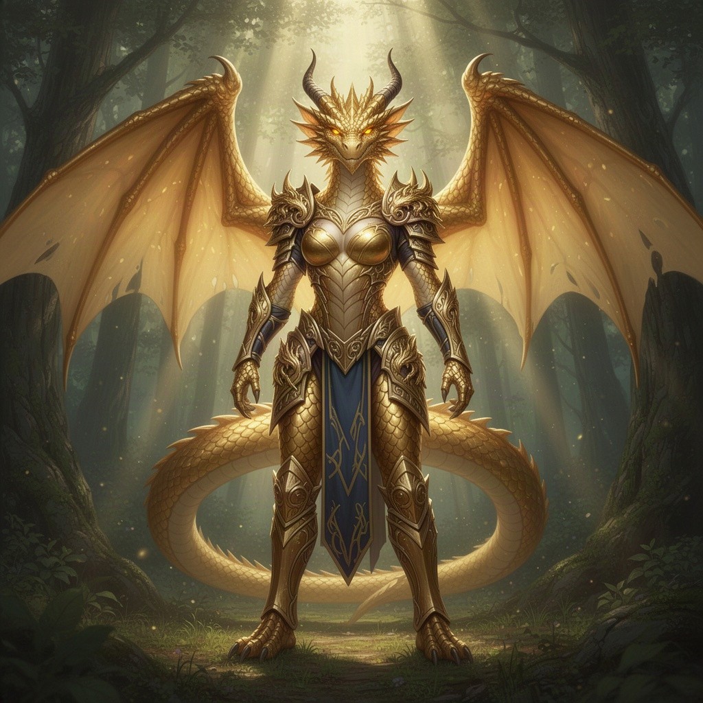 A majestic female gold dragonborn warrior, standing tall and proud