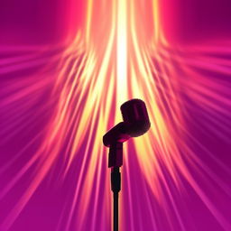 A 2D illustrated microphone, with a stylistic silhouette that's powerfully illuminated by a backdrop of glowing rays breaking through the background.