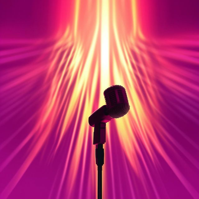 A 2D illustrated microphone, with a stylistic silhouette that's powerfully illuminated by a backdrop of glowing rays breaking through the background.