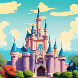 A vibrant, animated image of the iconic Disneyland castle, bright and colorful under a cheerful blue sky.