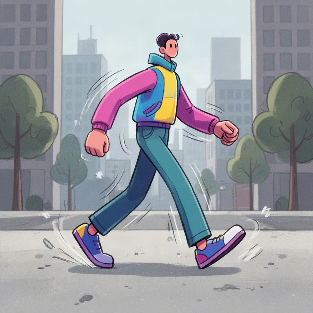 A dynamic walk cycle animation frame showcasing a character in mid-motion, capturing the fluidity and rhythm of walking