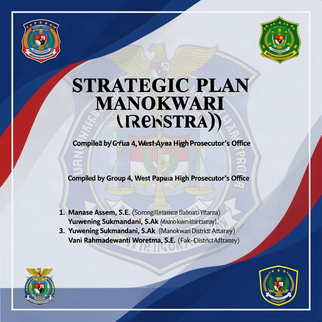 A professional and formal cover design for the Strategic Plan (Renstra) of the Manokwari District Attorney's Office, featuring the title prominently at the top