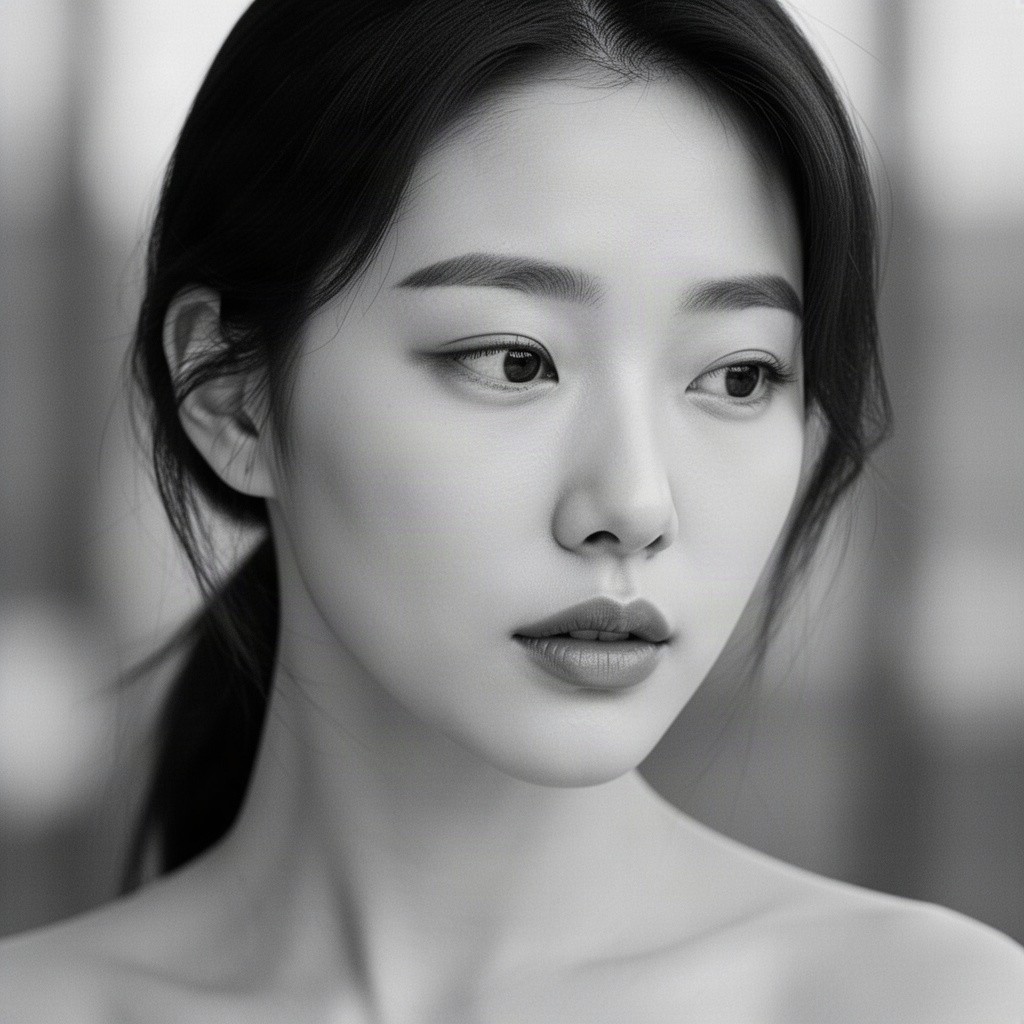 A stunning black and white portrait of a 27-year-old South Korean woman