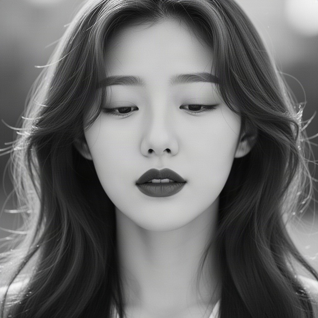 A stunning black and white portrait of a 27-year-old South Korean woman with loose hair cascading around her face