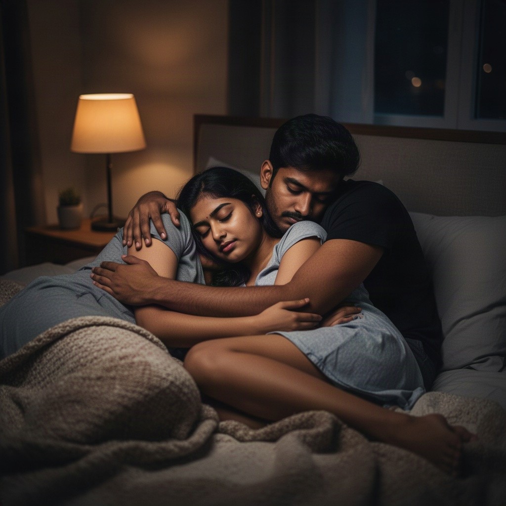 A highly detailed, realistic DSLR photograph of a romantic young Indian couple sleeping together on a cozy bed at night