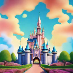 A vibrant, animated image of the iconic Disneyland castle, bright and colorful under a cheerful blue sky.