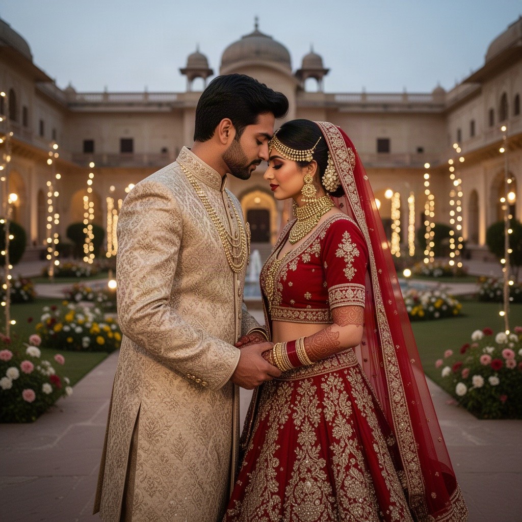 A highly detailed, realistic DSLR photograph of a romantic newlywed Indian couple in luxury wedding attire