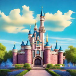 A vibrant, animated image of the iconic Disneyland castle, bright and colorful under a cheerful blue sky.