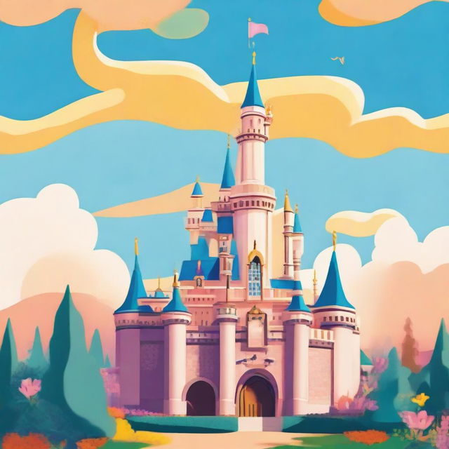 A vibrant, animated image of the iconic Disneyland castle, bright and colorful under a cheerful blue sky.