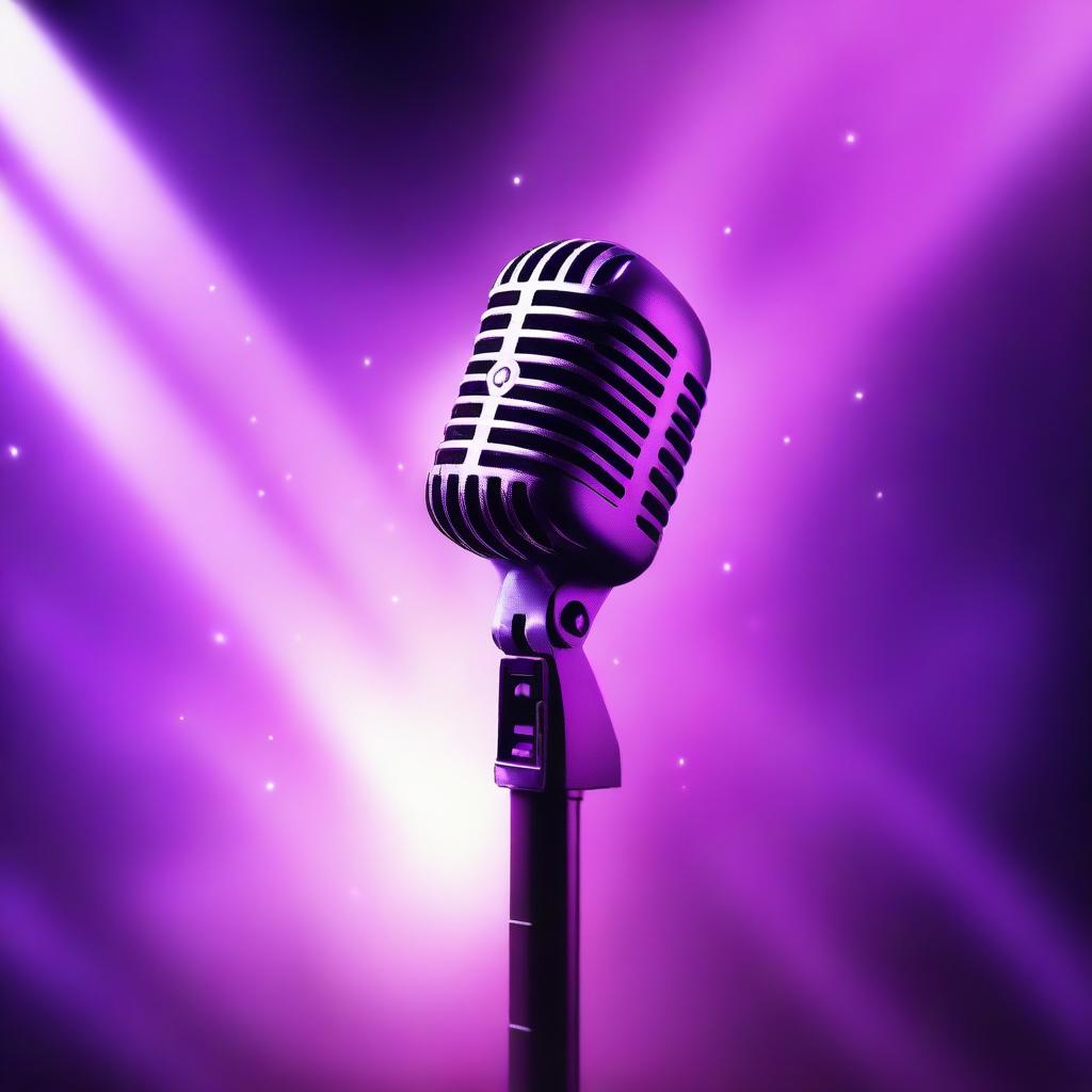 A 2D illustration of a microphone set against a backdrop of radiant, glowing rays in vibrant hues of purple, producing an ethereal and mesmerizing atmosphere.