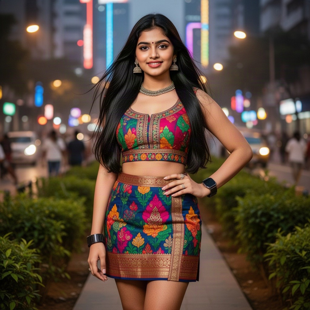 A young woman in a stylish micro skirt, featuring vibrant colors typical of a traditional Telugu dress, set in a modern urban environment