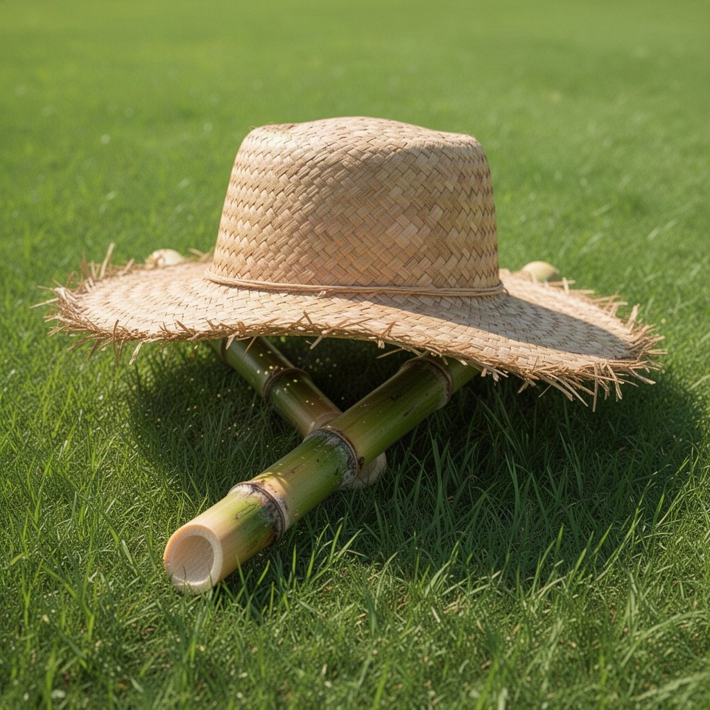 A single piece of sugarcane resting under a straw hat on a lush green grass surface