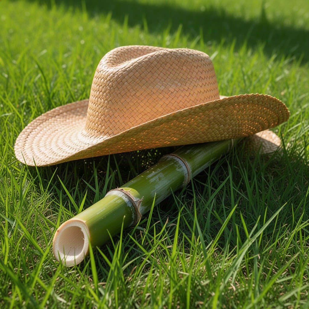 A piece of sugarcane placed under a straw hat resting on lush green grass