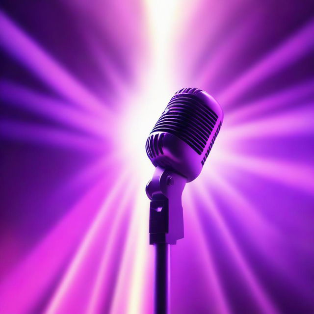 A 2D illustration of a microphone set against a backdrop of radiant, glowing rays in vibrant hues of purple, producing an ethereal and mesmerizing atmosphere.