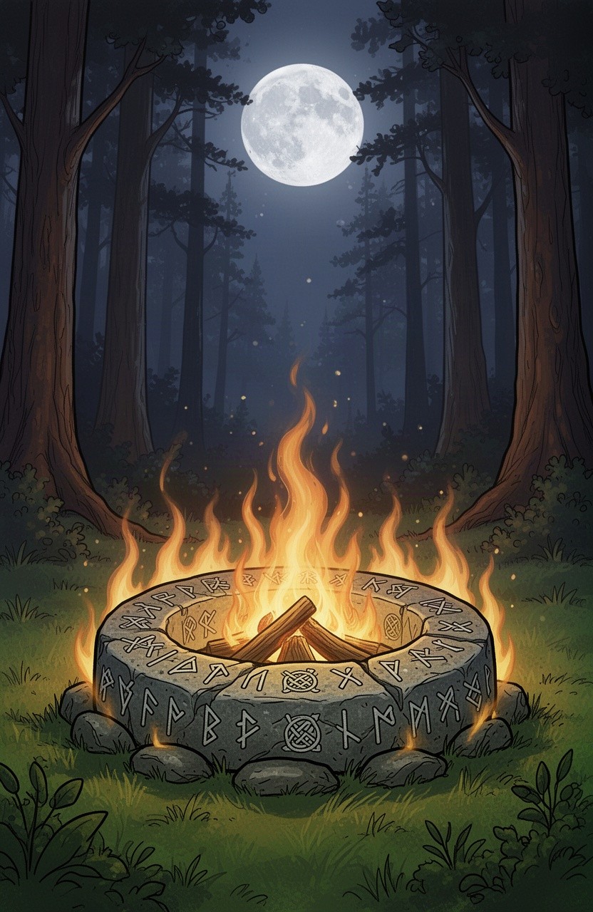 A detailed cartoon drawing featuring a stone fire ring intricately etched with ancient Viking runes, sitting atop a lush forest floor