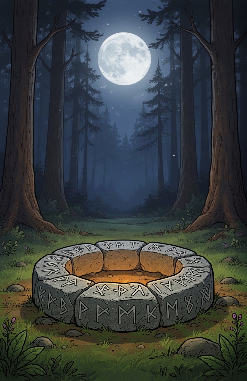 A detailed cartoon drawing featuring a stone fire ring intricately etched with ancient Viking runes, positioned on a vibrant forest floor