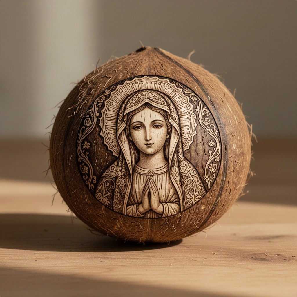 A detailed and artistic depiction of the Virgin Mary engraved on a coconut shell