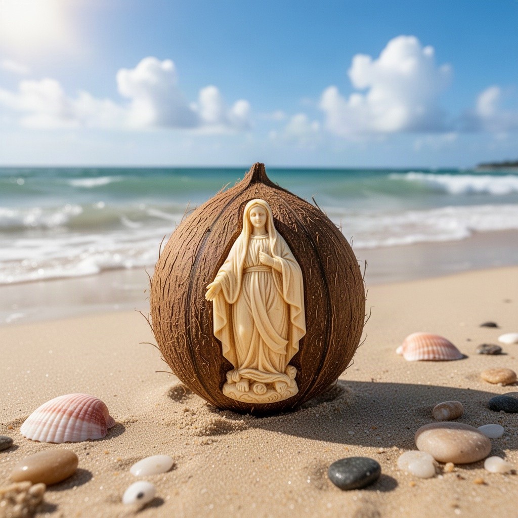 A detailed representation of the Virgin Mary intricately carved onto a coconut, placed delicately on the soft sand of a serene beach