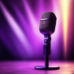 A 2D illustration of a microphone set against a backdrop of radiant, glowing rays in vibrant hues of purple, producing an ethereal and mesmerizing atmosphere.