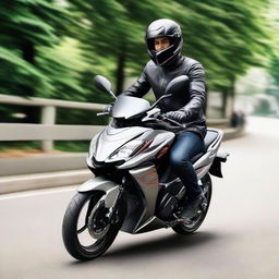 A handsome man confidently riding a Vario 160 motorbike, with a name 'Khasan' visibly written on the side.