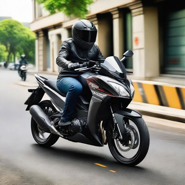 A handsome man confidently riding a Vario 160 motorbike, with a name 'Khasan' visibly written on the side.