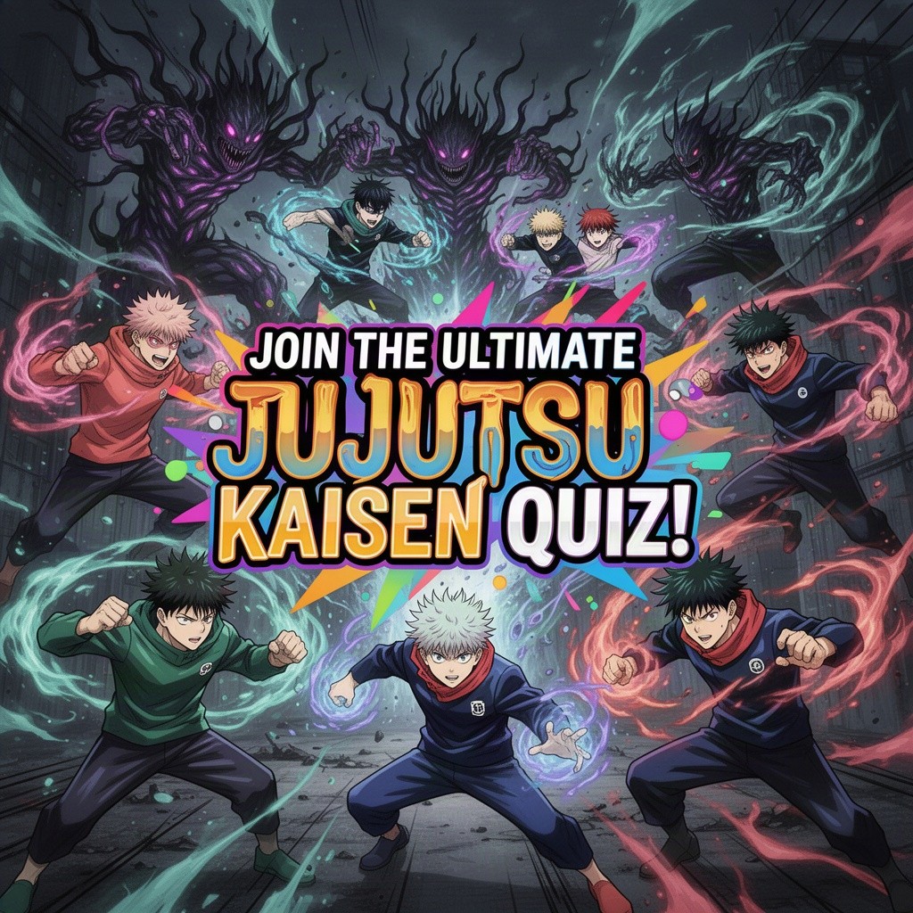 An intricate and vibrant promotional poster for a fictional anime quiz event themed around 'Jujutsu Kaisen'