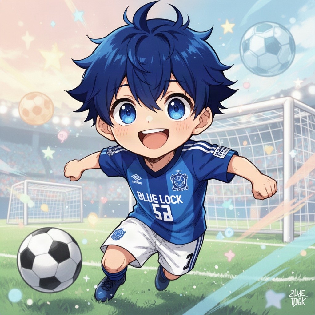 A cute and playful anime-style illustration of Bachira from Blue Lock, featuring his signature blue hair and a big bright smile