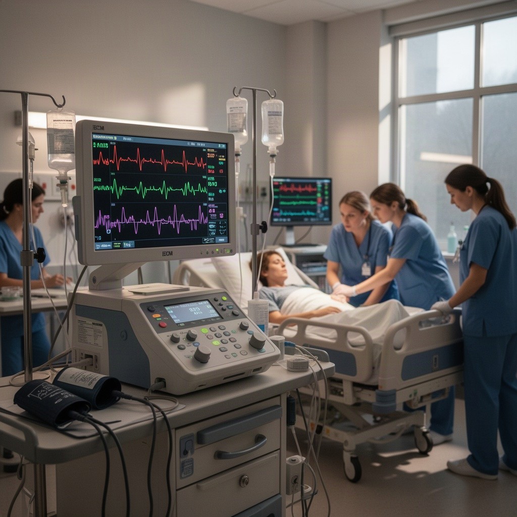 An evocative scene depicting an Electrocardiogram Machine (ECM) in a well-lit hospital room