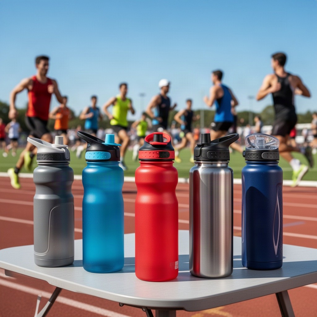A vibrant display of various sports water bottles from different angles, showcasing a range of designs, colors, and features